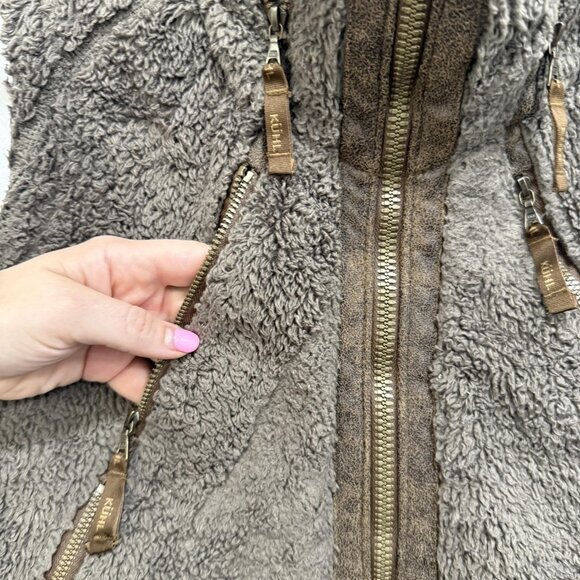 Kuhl Vest Womens Medium Sherpa Fleece Full Zip Hooded Silver Oak Embroidered - Picture 5 of 15